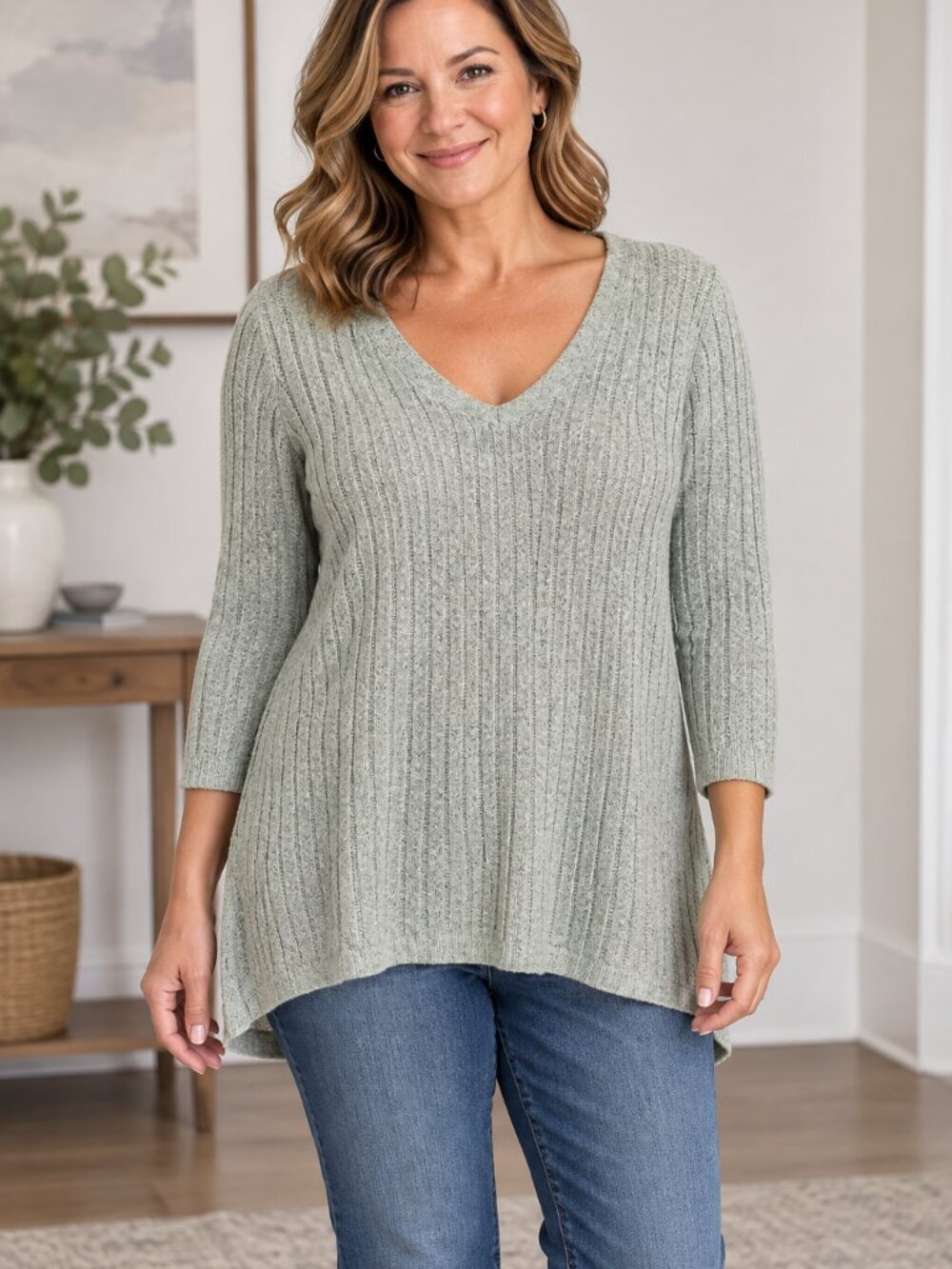 J.Jill Womens Size L Green Ribbed V Neck Tunic Sweater 3/4 Sleeve Lightweight